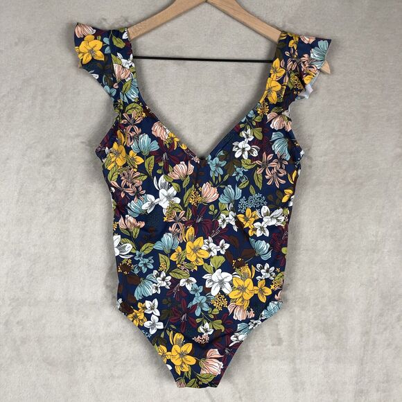 BEACH BETTY Miracle Brands Estilo Swimsuit Sz S Blue Floral Flutter Strap Tie - Picture 1 of 9